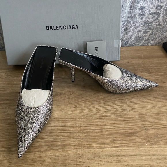 BALENCIAGA Silver Titanium Knife Mules - Picture 4 of 11